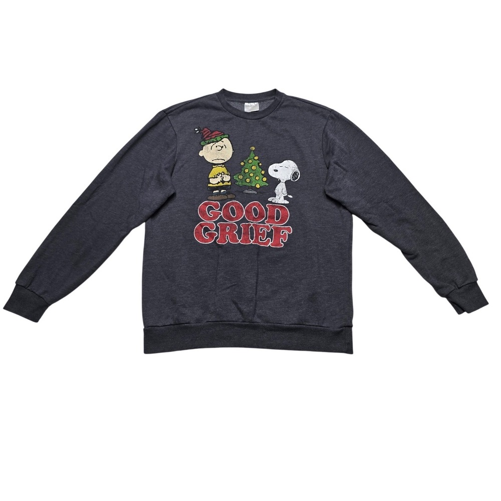 Peanuts Charlie Brown Snoopy Good Grief Christmas Sweatshirt Gray Womens M
